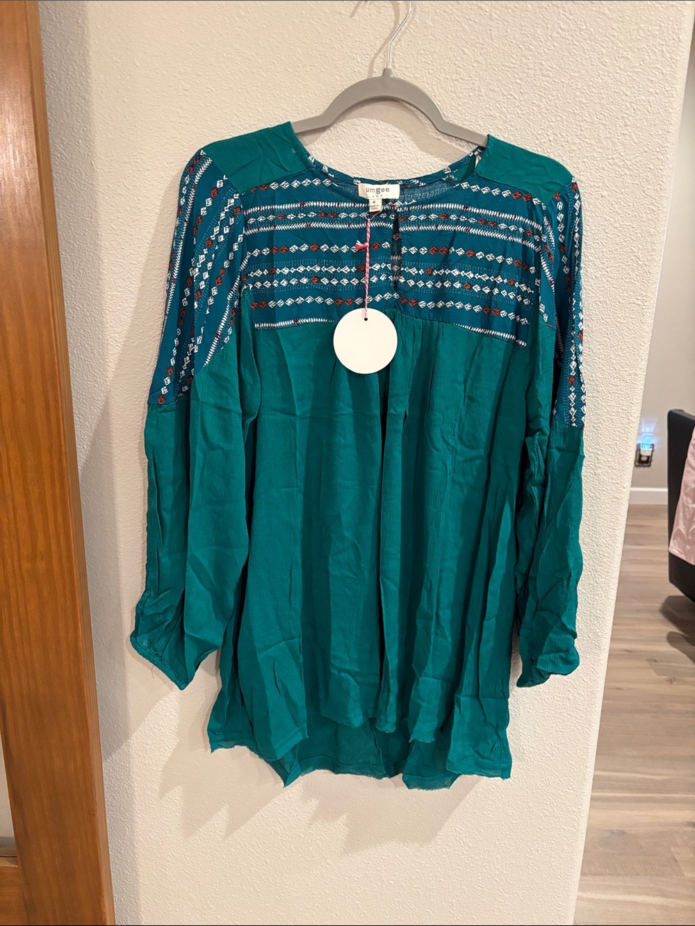 Umgee Teal Embroidered Peasant Tunic
